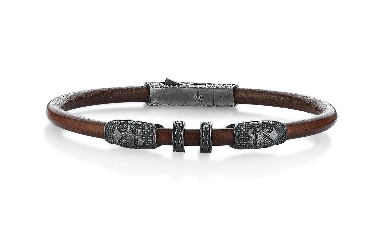Lucky Turtles Eagle Pattern Brown Leather and Black Zircon Stone Silver Bracelet