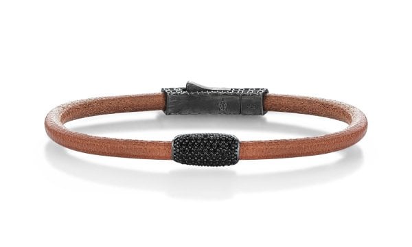 Lucky Turtles Light Brown Leather and Black Zircon Stone Style Silver Bracelet