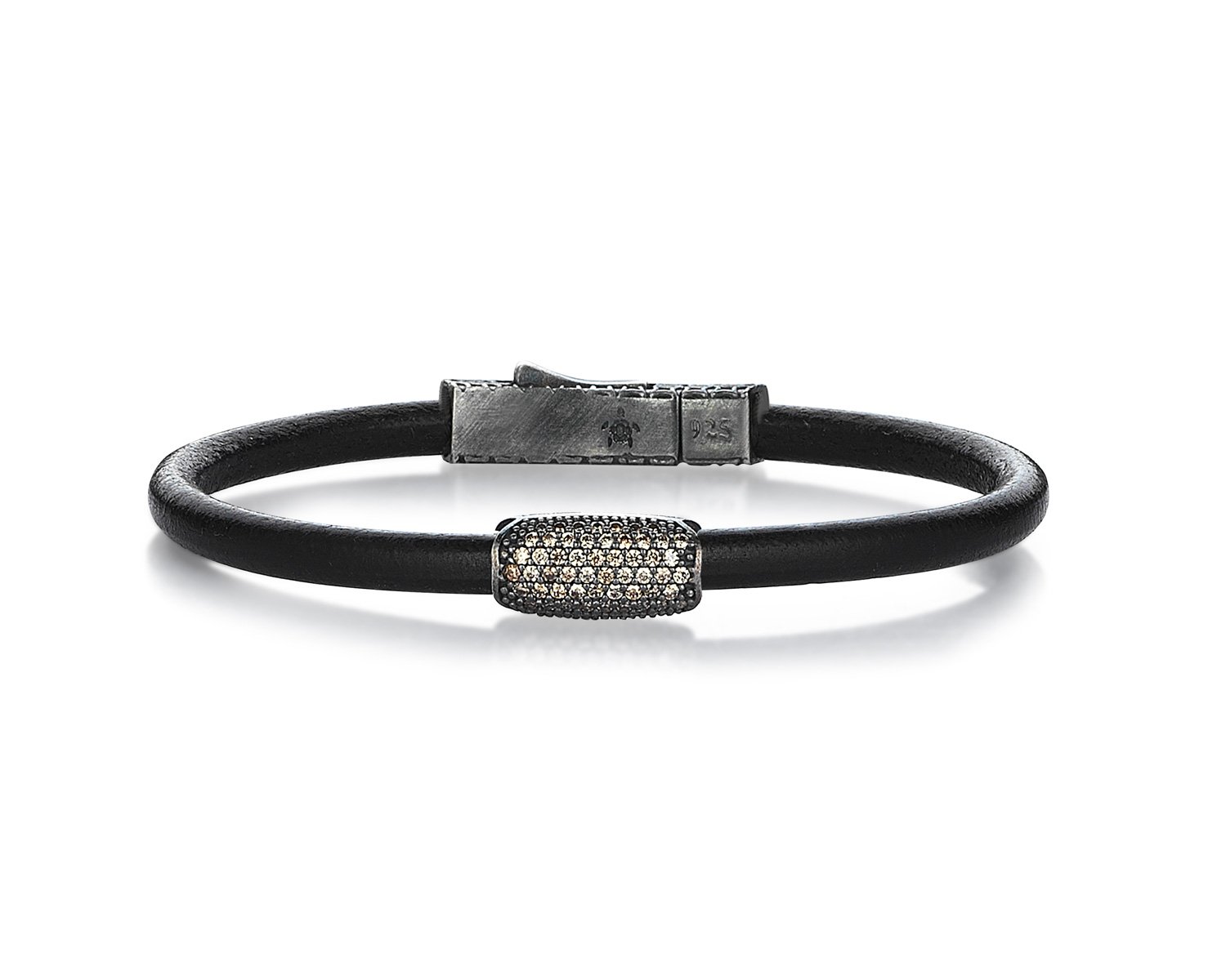 Lucky Turtles Black Leather and Champagne Stone Style Silver Bracelet