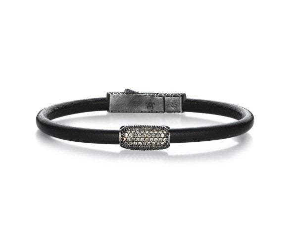 Lucky Turtles Black Leather and Champagne Stone Style Silver Bracelet