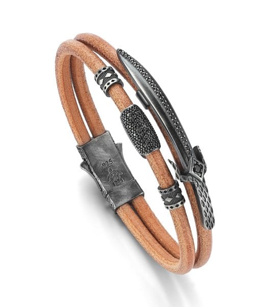 Lucky Turtles Double Row Light Brown Leather and Black Zircon Stone Sword Silver Bracelet