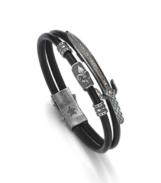 Lucky Turtles Double Row Black Leather and Champagne Stone Sword Silver Bracelet