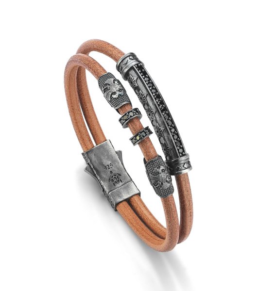 Lucky Turtles Double Row Light Brown Leather and Black Zircon Stone Sterling Silver Bracelet