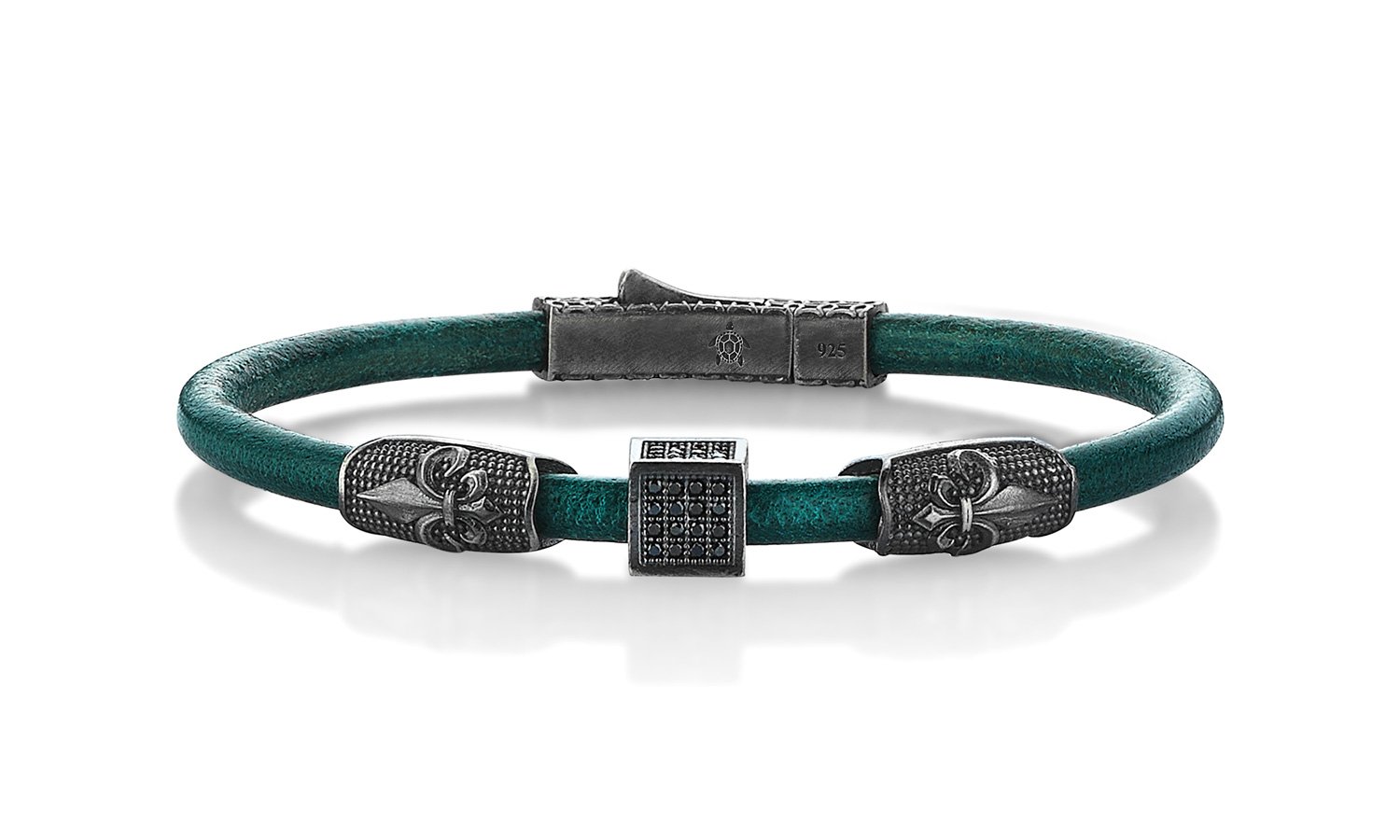Lucky Turtles Fleur-de-lis Motif Turquoise Leather and Black Zircon Stone Sterling Silver Bracelet