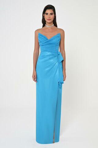 Strapless Top Pleated Side Slit Chiffon Long Dress A.TURKUAZ - 36