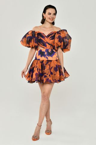 Low Balloon Sleeve Heart Chest Chiffon Short Dress