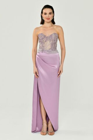STRAPLESS TOP STONE LONG DRESS WITH SIDE SPLIT