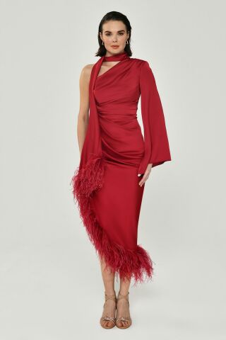 One Sleeve Neck Shawl Feather Accessory Satin Midi Dress