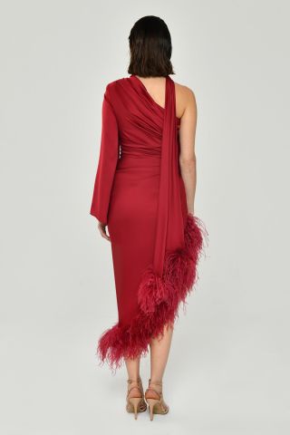 One Sleeve Neck Shawl Feather Accessory Satin Midi Dress