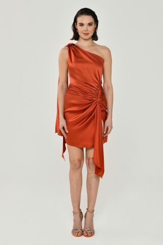 One Shoulder Knot Detailed Slit Satin Dress