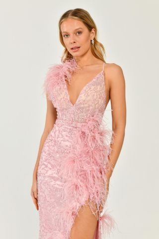 String Strap Back String Strap V Neck Otrisch Accessories Sequin Fabric Long Dress DARK PINK - 38