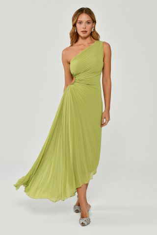 One Shoulder Waist Pleat and Decollete Asymmetric Cut Chiffon Midi Dress