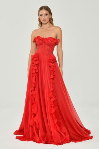 LONG TULLE DRESS WITH STRAPLESS FRILLS WITH SPLIT
