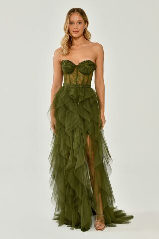 Strapless Slit Layered Tulle Dress Nefti - 38