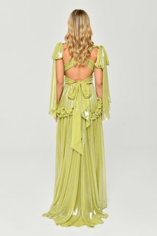 Deep V-Neck Ruffle Waist Shiny Chiffon Long Dress