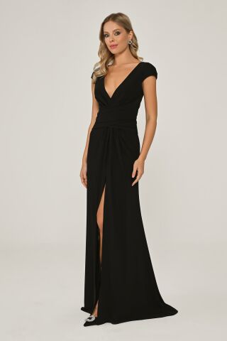 Deep V-Neck Crepe Long Dress With Front Draped Tail