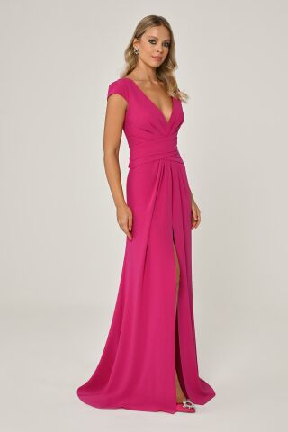 Deep V-Neck Crepe Long Dress With Front Draped Tail