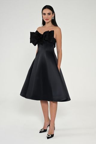 Strapless Front Floral Bow Satin Midi Dress Black - 36