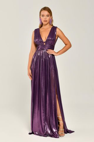 SHINING FABRIC DEEP V-NECK LONG DRESS WITH DOUBLE SLOT FRONT