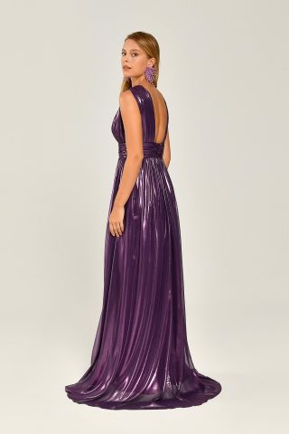 SHINING FABRIC DEEP V-NECK LONG DRESS WITH DOUBLE SLOT FRONT