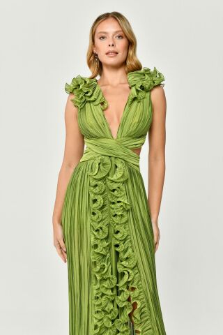 Frilly Pleated Chiffon Long Dress on Shoulders and Skirts