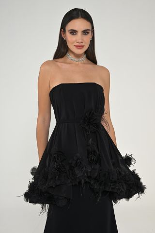 Strapless Layered Long Dress with Feather Accessories Black - 40