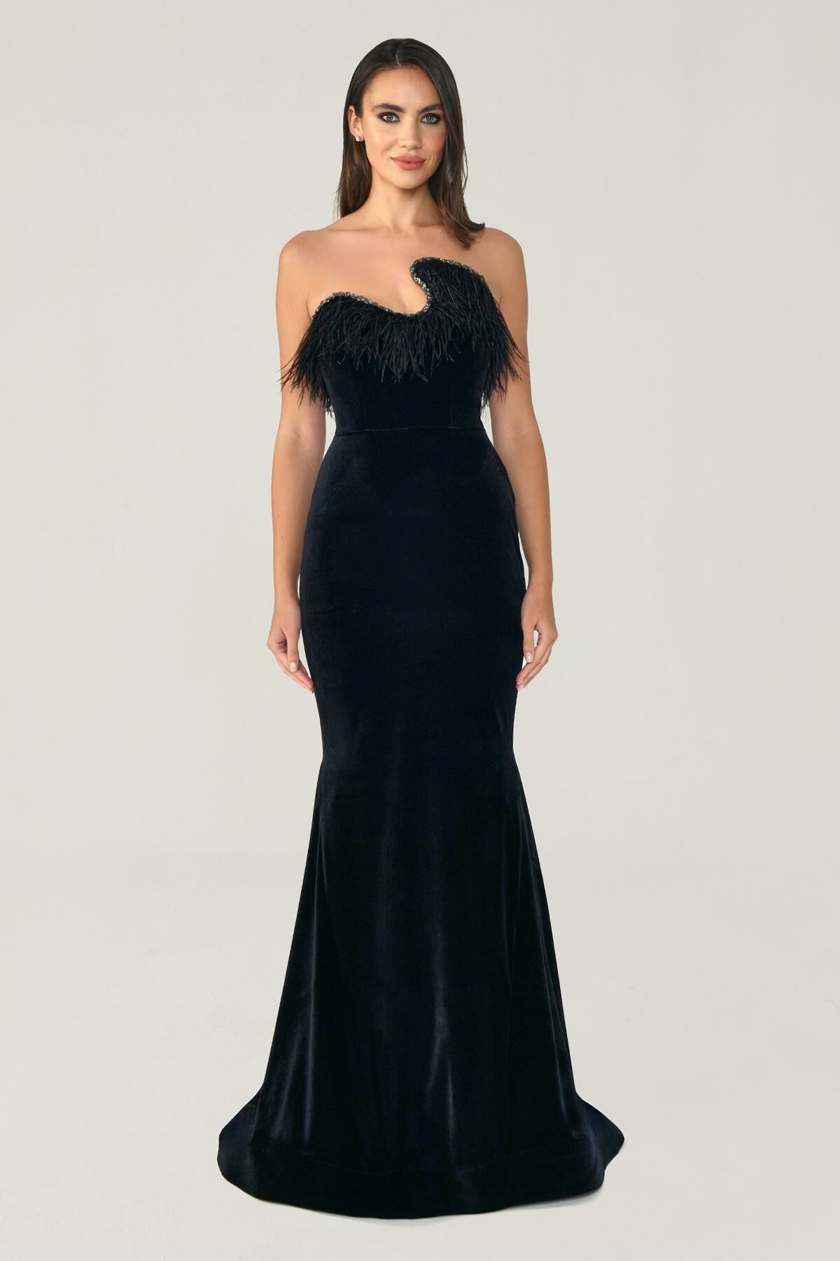 Strapless Asymmetrical Cut Velvet Long Dress with Feathers on Top Black - 40