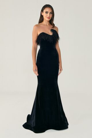 Strapless Asymmetrical Cut Velvet Long Dress with Feathers on Top Black - 40
