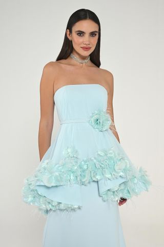 Strapless Layered Long Dress with Feather Accessories LIGHT BLUE - 38