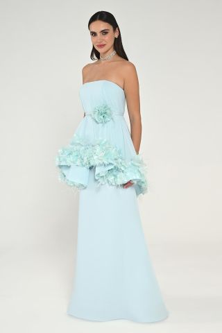 Strapless Layered Long Dress with Feather Accessories LIGHT BLUE - 38