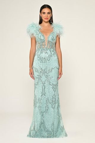 LONG DRESS WITH STONES ON THE SHOULDER