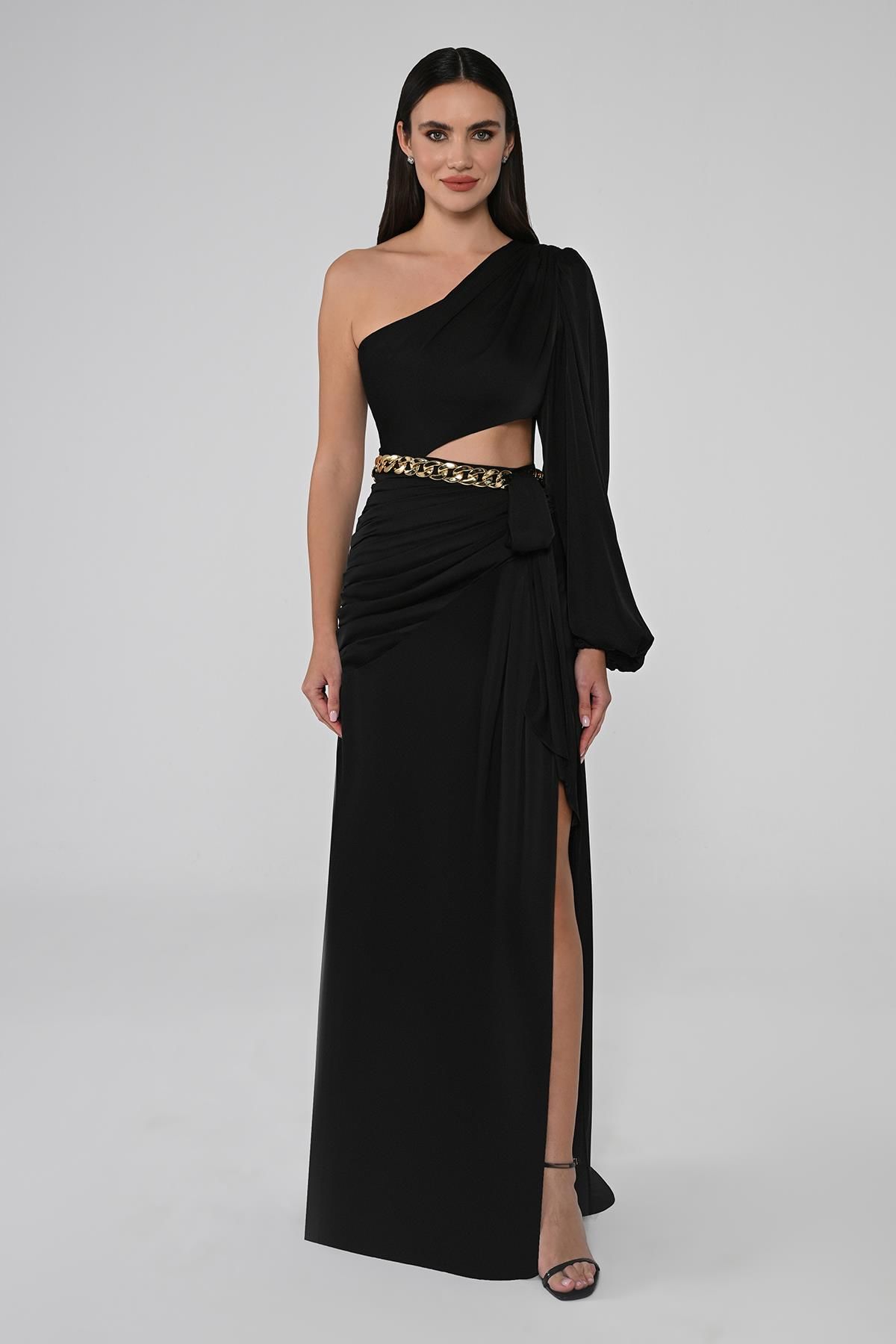 ONE SLEEVE WAIST CHAIN ACCESSORY SLOT LONG DRESS