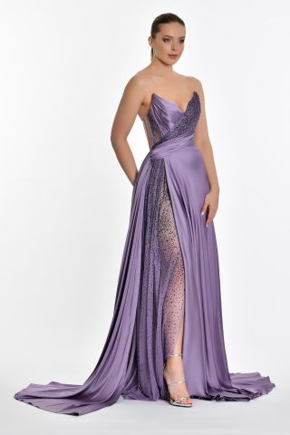 STRAPLEZ STONE TULLE DETAILED LONG TAIL DRESS