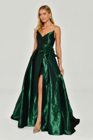 Strapless Side Slit Shiny Fabric Long Dress EMERALD - 44