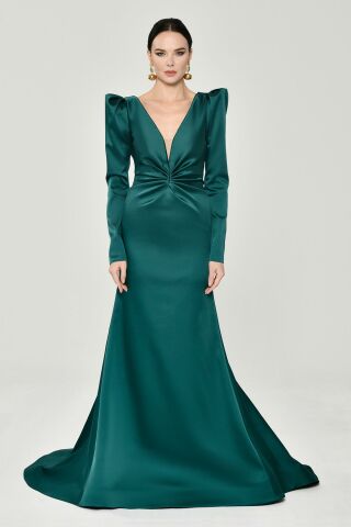 LONG SLEEVE LONG DRESS WITH PADDED FRONT SKIRT
