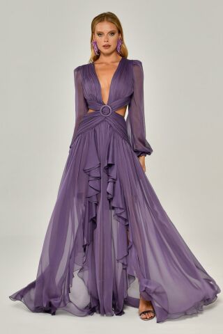 V-NECK LONG DRESS WITH FRONT BUCKLE AND DOUBLE SLOT