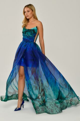 BOAT COLLAR PATTERNED TULLE LONG DRESS