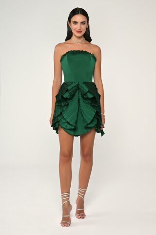 Strapless Shiny Taffeta Fabric Short Dress DARK EMERALD - 36