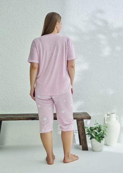 Desenli Kısa Kollu Kaprili Büyük Beden Yazlık Pijama Takımı - 23074