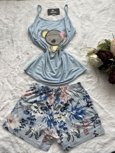 Düz Yaka Bebe Mavi Koalalı Şortlu Pijama Takımı-BB005