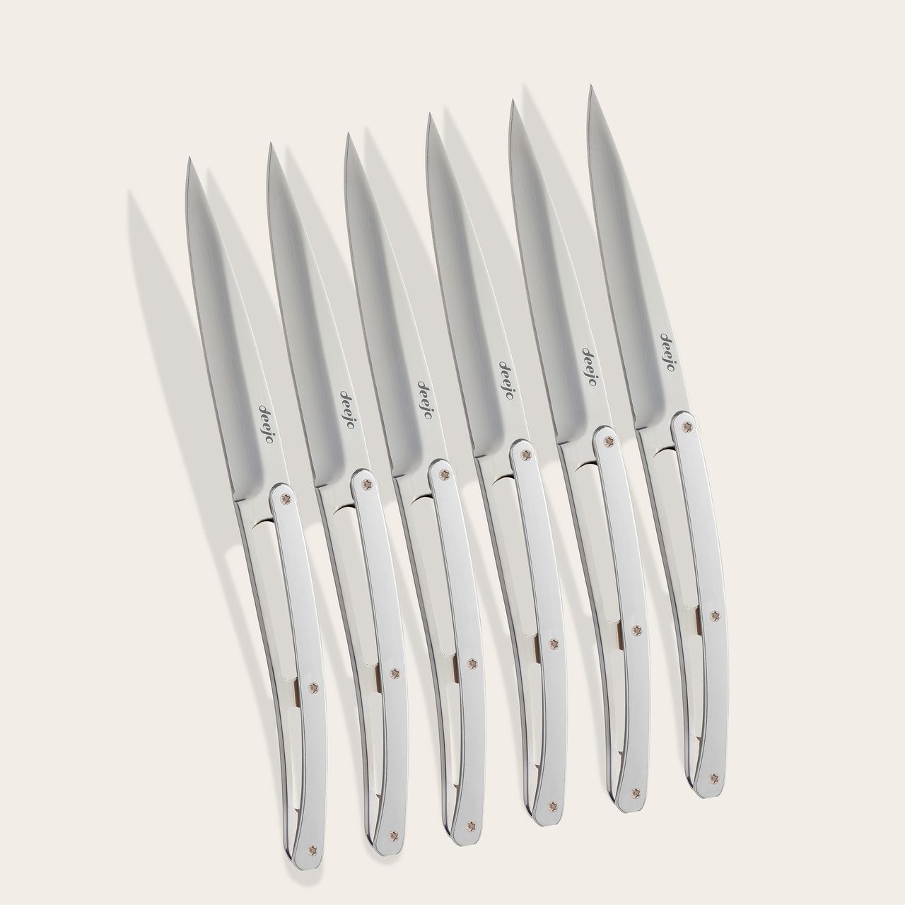 6 Deejo Steak Knives, Chrome Plated