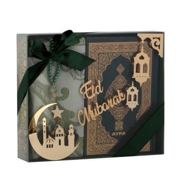 Azra Serisi Eid Mubarak Aksesuarlı Kuran-ı Kerim Seti Yeşil - Medine Hatlı