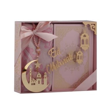 Azra Serisi Eid Mubarak Aksesuarlı Kuran-ı Kerim Seti Pembe - Medine Hatlı