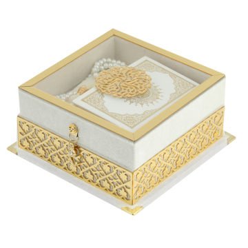 17x17x8 Cm Camlı Seccade Kuran-ı Kerim Tesbih Kutusu Krem