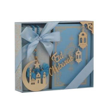 Azra Serisi Eid Mubarak Aksesuarlı Kuran-ı Kerim Seti Mavi - Bilgisayar Hatlı
