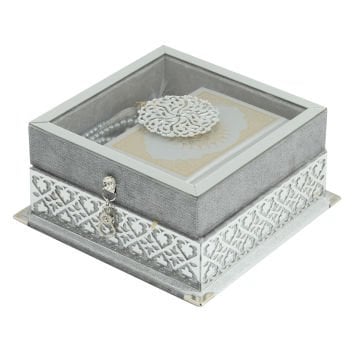 17x17x8 Cm Camlı Seccade Kuran-ı Kerim Tesbih Kutusu Gri