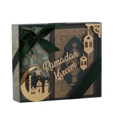 Azra Serisi Ramadan Kareem Aksesuarlı Kuran-ı Kerim Seti Yeşil - Medine Hatlı