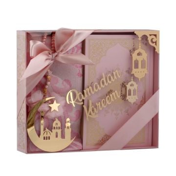 Azra Serisi Ramadan Kareem Aksesuarlı Kuran-ı Kerim Seti Pembe - Medine Hatlı
