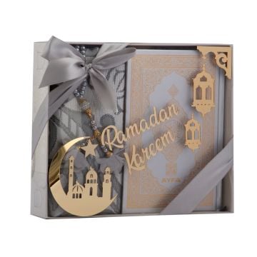 Azra Serisi Ramadan Kareem Aksesuarlı Kuran-ı Kerim Seti Gri - Medine Hatlı