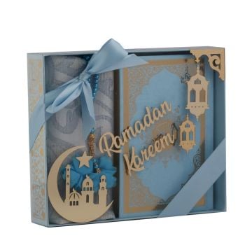 Azra Serisi Ramadan Kareem Aksesuarlı Kuran-ı Kerim Seti Mavi - Bilgisayar Hatlı